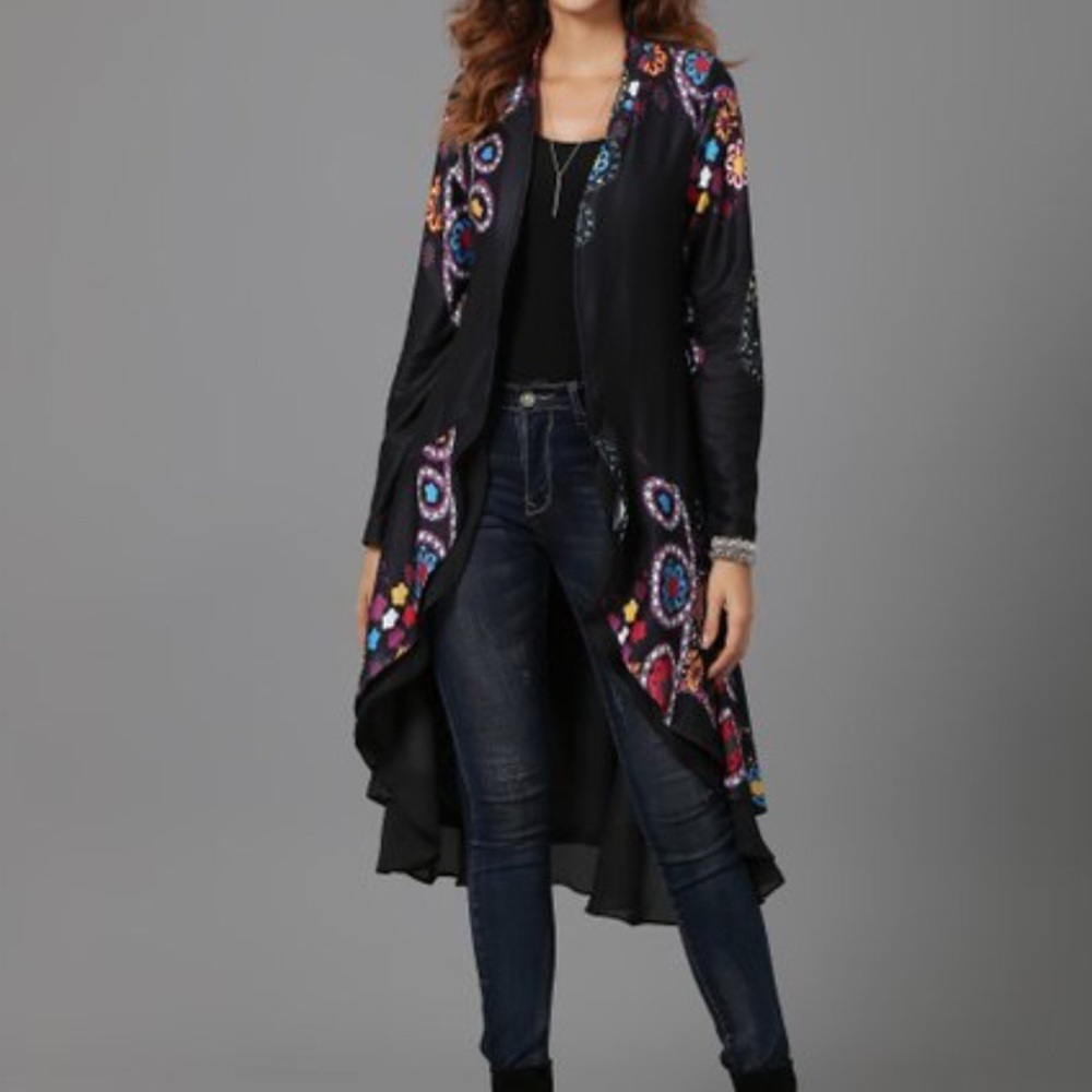 POP OF COLOR OPEN LONG CARDIGAN W/ LAYERED TRIM